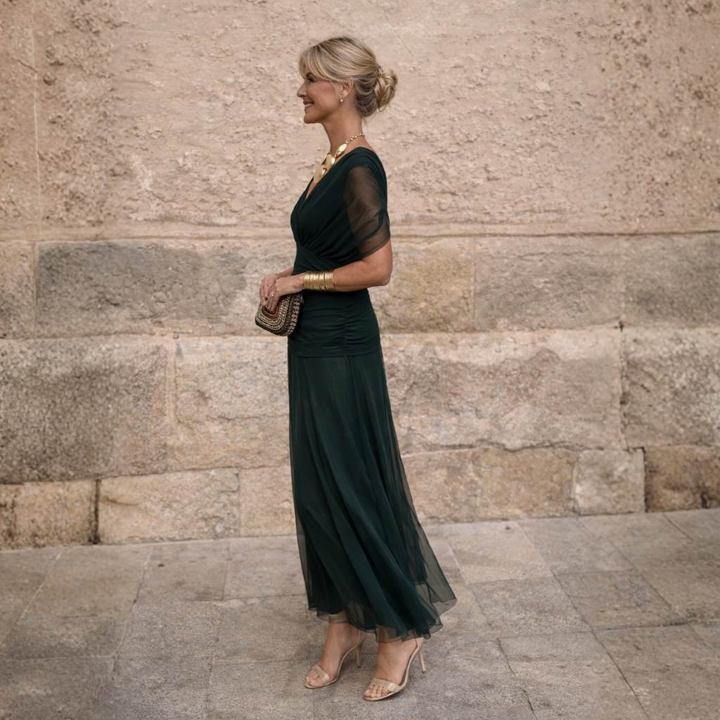 Flowy Wrap Maxi Dress with Draped V-Neckline