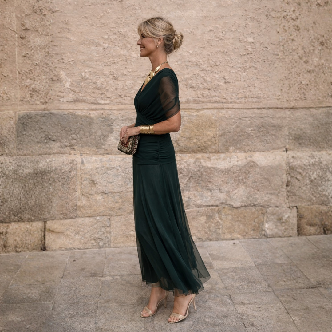 Flowy Wrap Maxi Dress with Draped V-Neckline