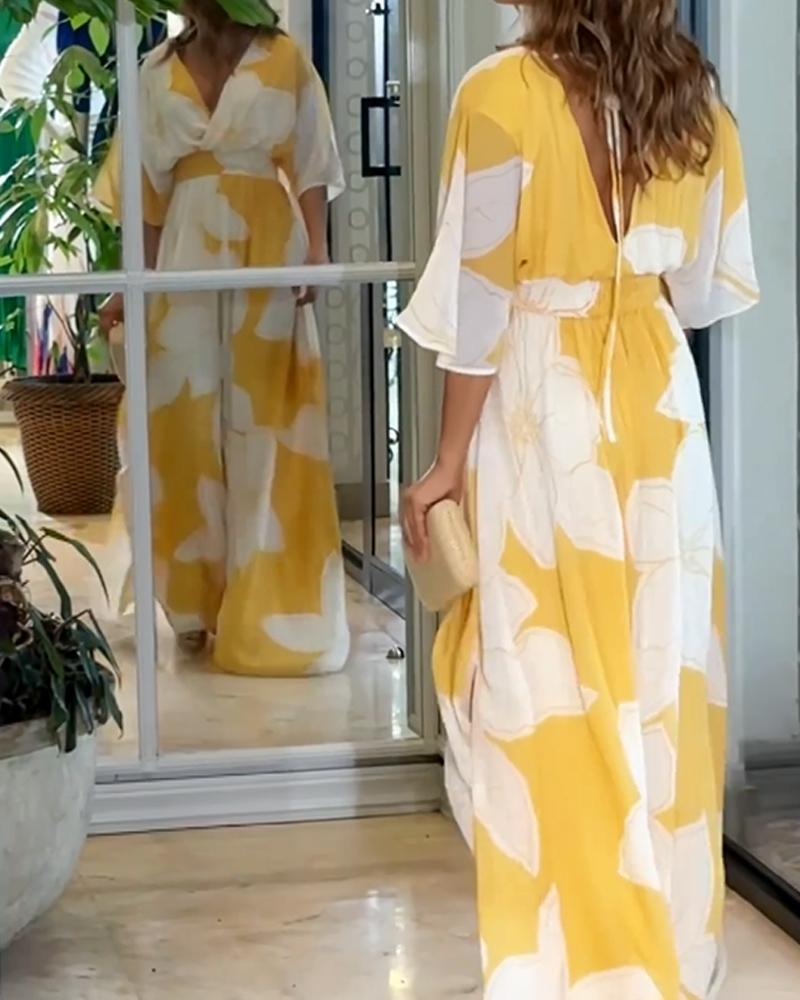 Bold Floral Print Wrap V-Neck Flowy Maxi Dress