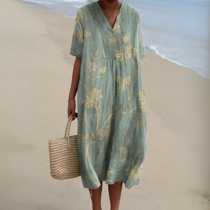 Abstract Print V-Neck Long Sleeve Midi Dress