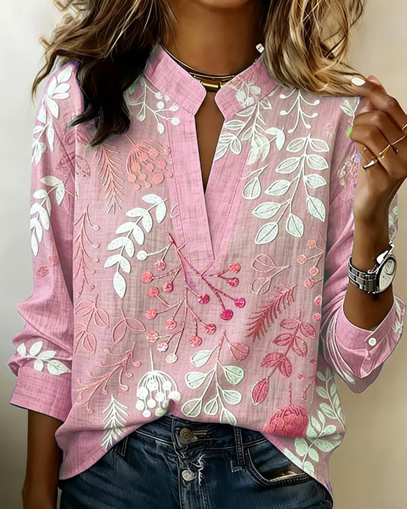 Botanical Print Notched Collar Long Sleeve Blouse