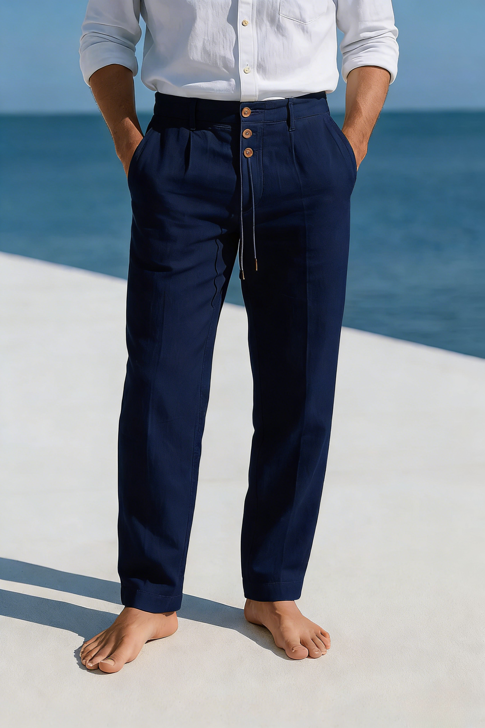 Tapered Fit Linen Trousers with Button Drawstring Waist