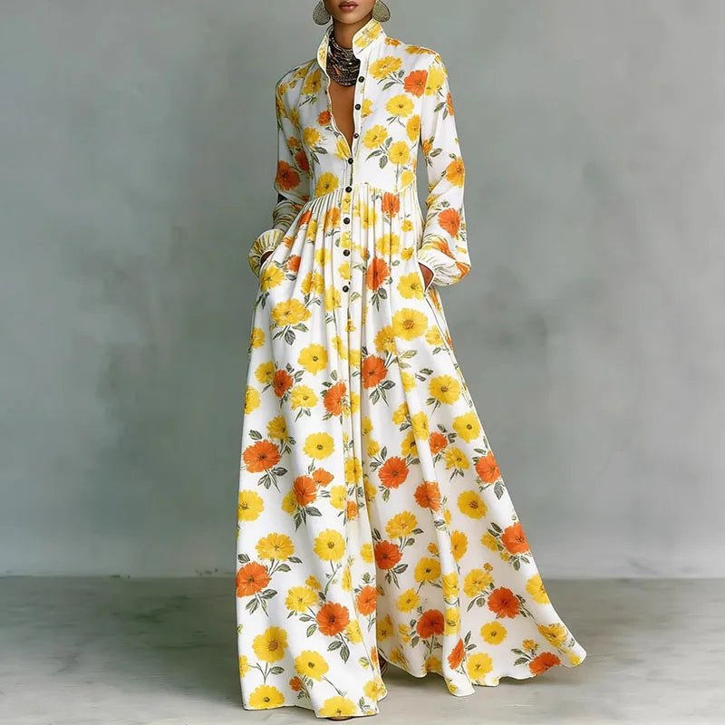 Geometric Print Button-Front Long Sleeve Maxi Dress