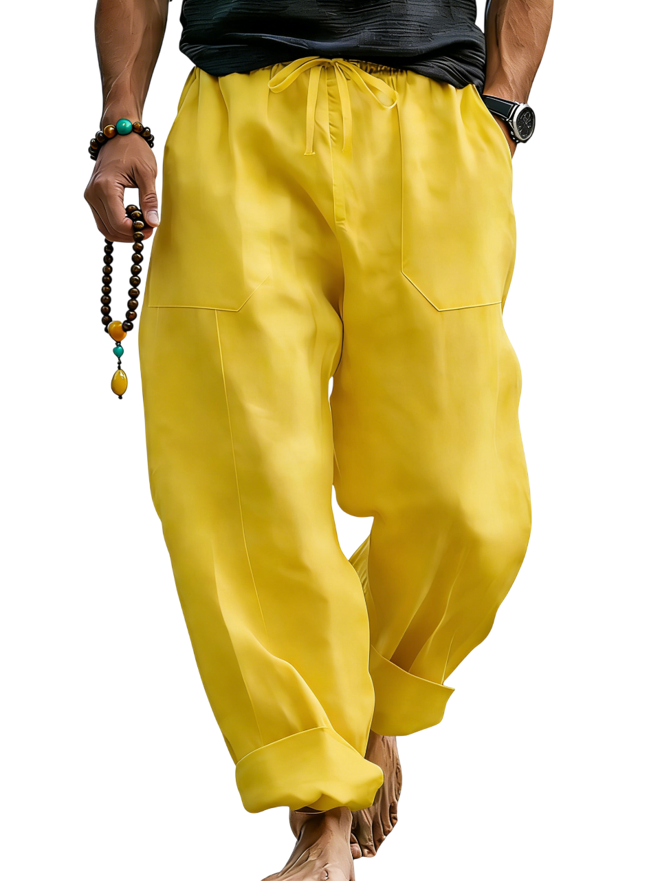 Loose Linen Blend Drawstring Trousers with Turn-Up Hem