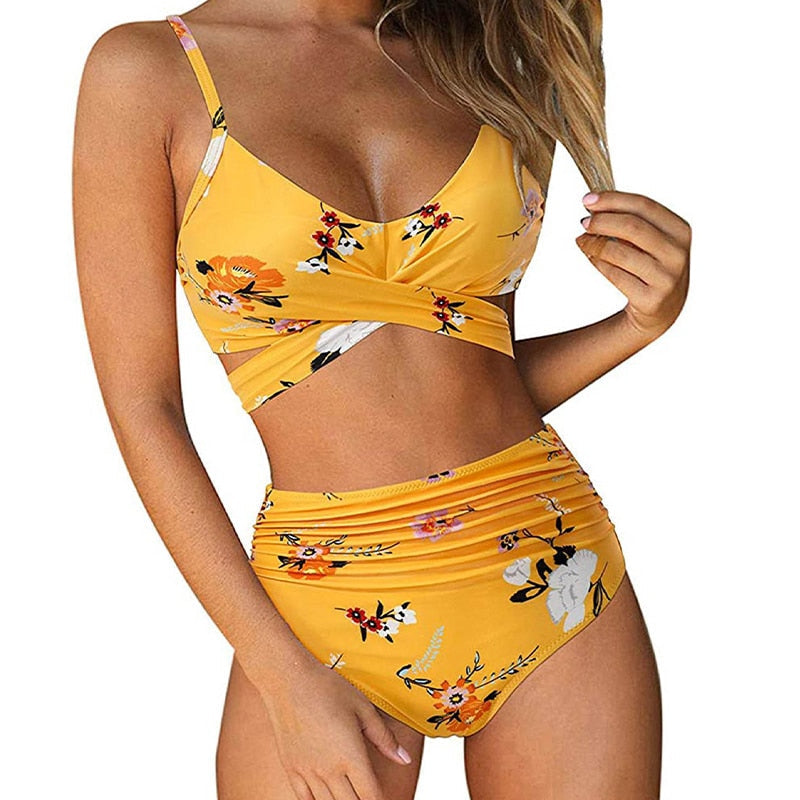 Floral Print Twist Front High-Waisted Bikini Set