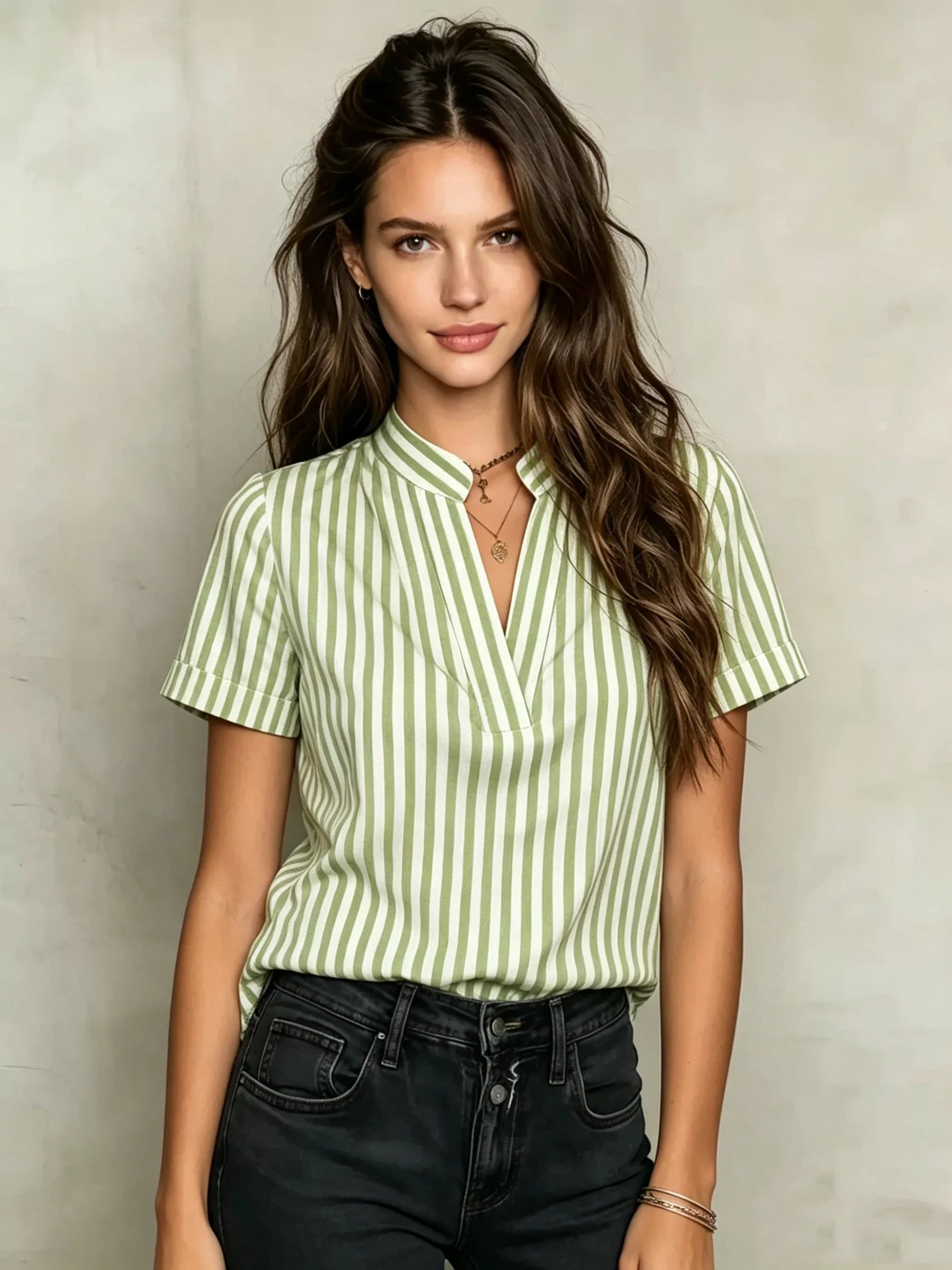Striped Notched Collar Short Sleeve Blouse