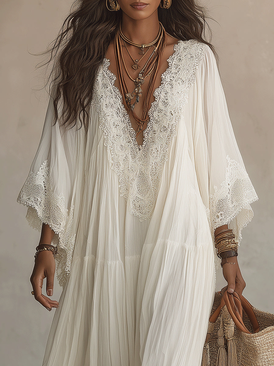 Boho Lace Trim Tiered Maxi Dress with Flared Sleeves