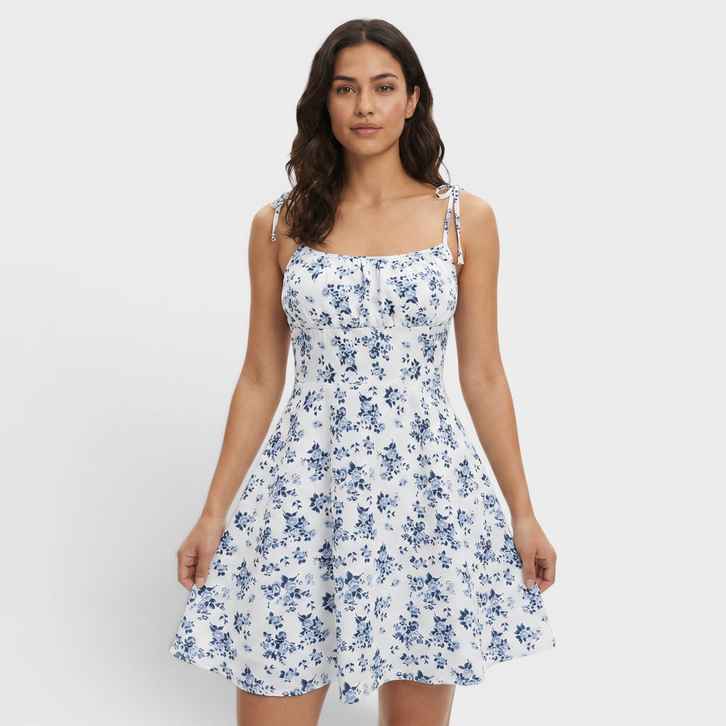Floral Print Tie Strap Fit and Flare Mini Dress