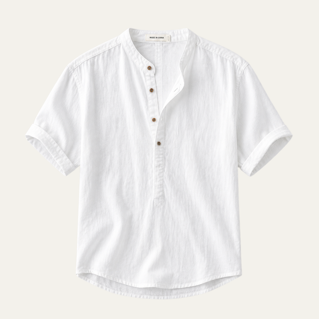 Short Sleeve Linen Henley Shirt with Band Collar