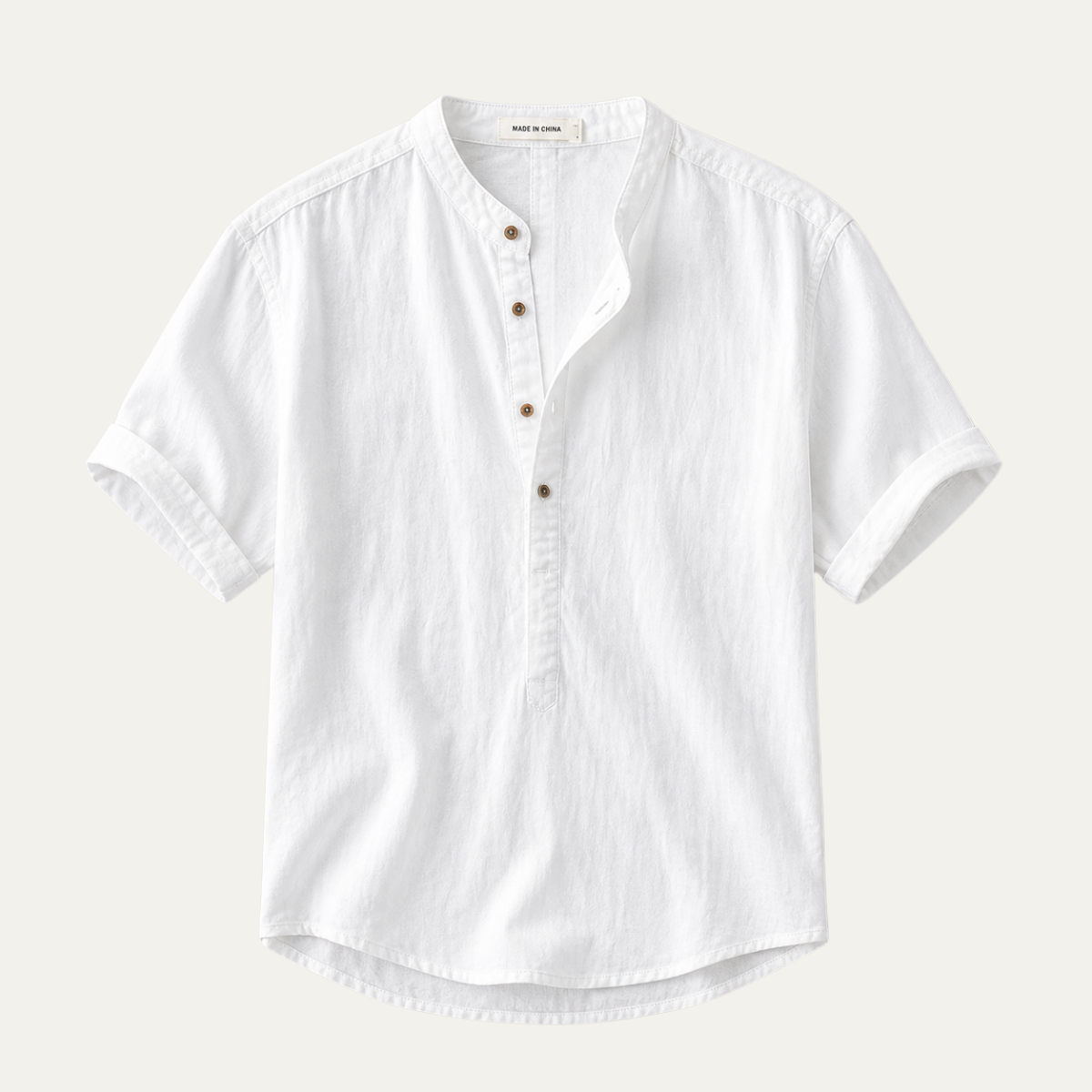 Short Sleeve Linen Henley Shirt with Band Collar