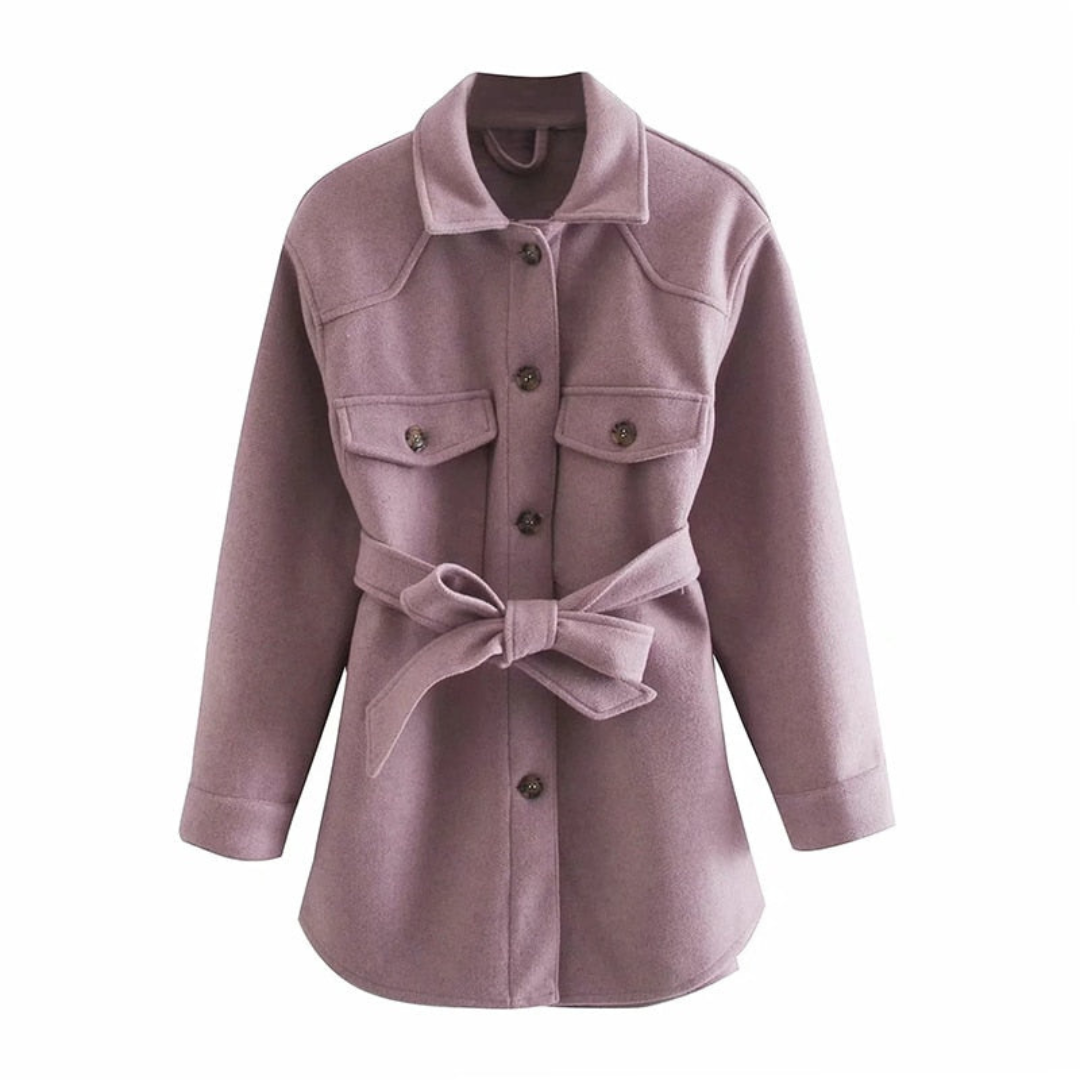 Women's Belted Shirt Jacket with Flap Pockets