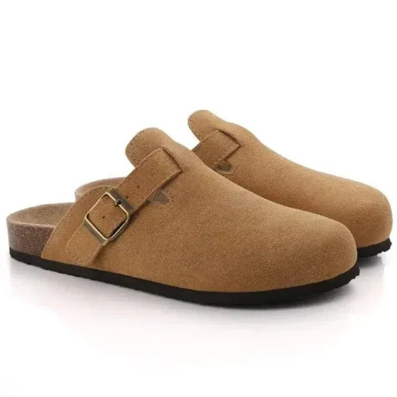 Suede Closed-Toe Clog Mules with Cork Footbed