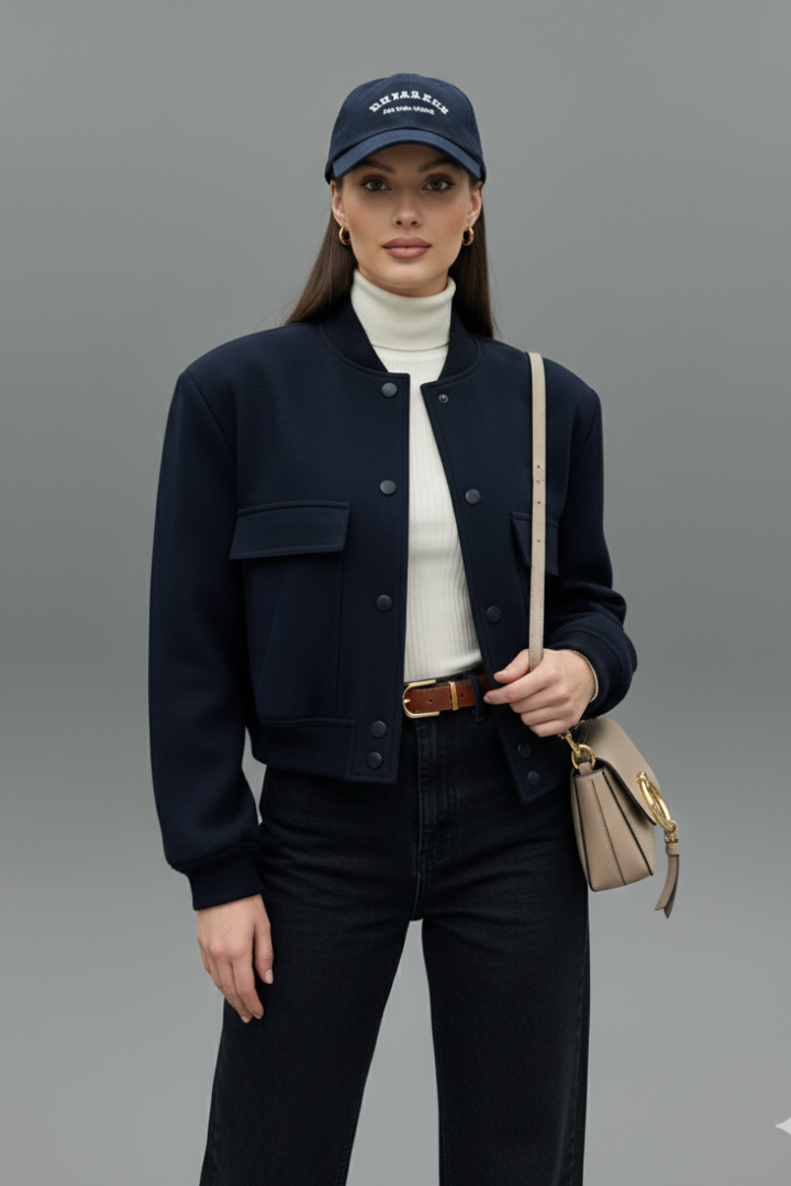 Women's Cropped Varsity Bomber Jacket with Flap Pockets