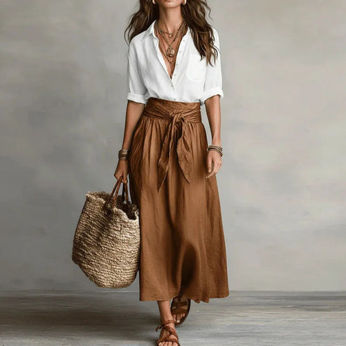 Collared Shirt and Tie Waist Maxi Skirt Set