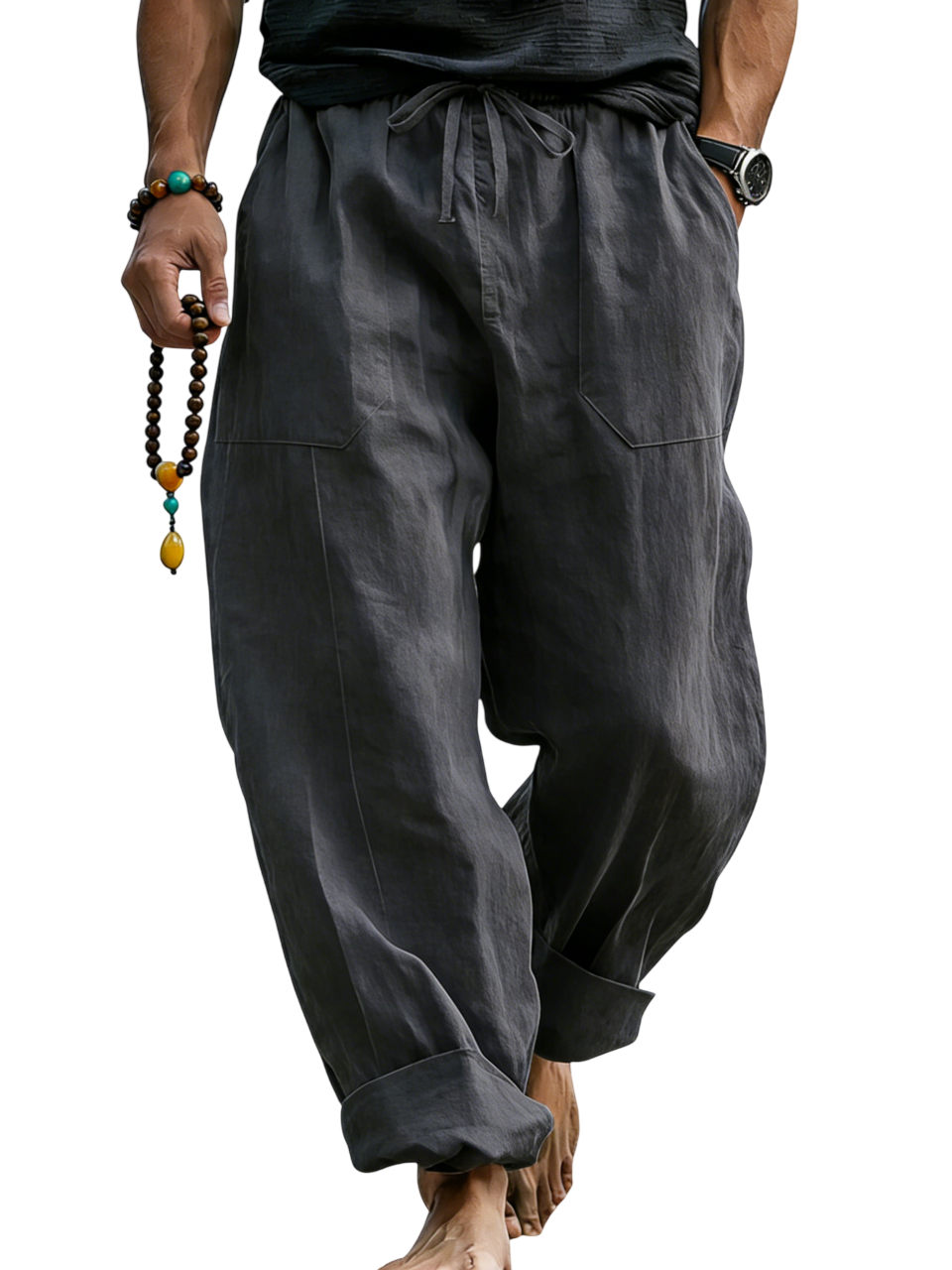 Loose Linen Blend Drawstring Trousers with Turn-Up Hem
