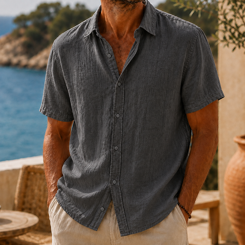 Short Sleeve Cotton Linen Shirt with Classic Collar