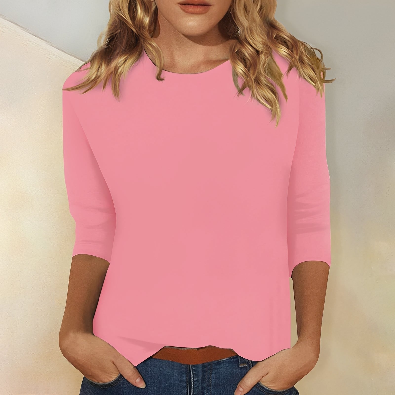 Round Neck Three-Quarter Sleeve Basic Top