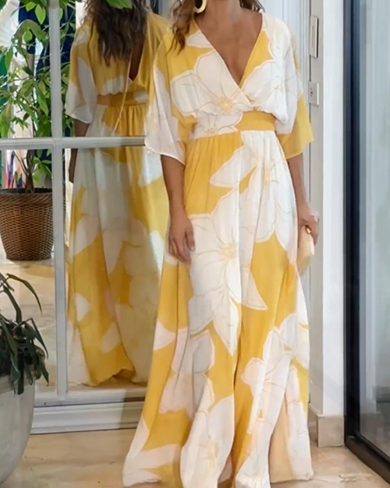 Bold Floral Print Wrap V-Neck Flowy Maxi Dress