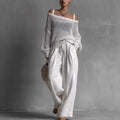 Off-Shoulder Crochet Knit Top and Wide Leg Trouser Set