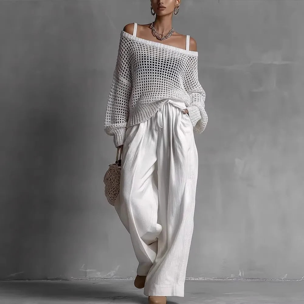 Off-Shoulder Crochet Knit Top and Wide Leg Trouser Set