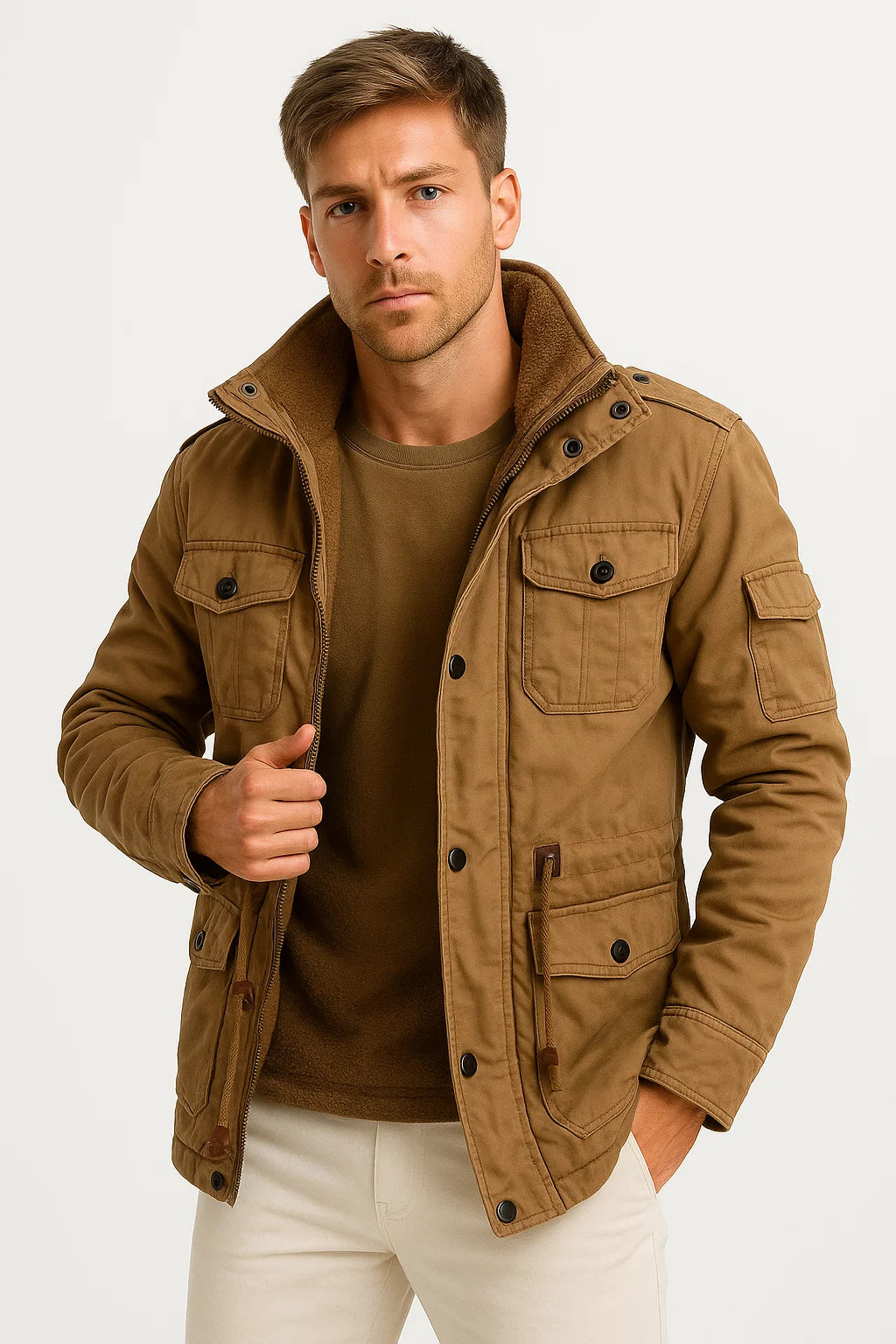Men's utility field jacket with stand collar, long sleeves and multiple flap pockets