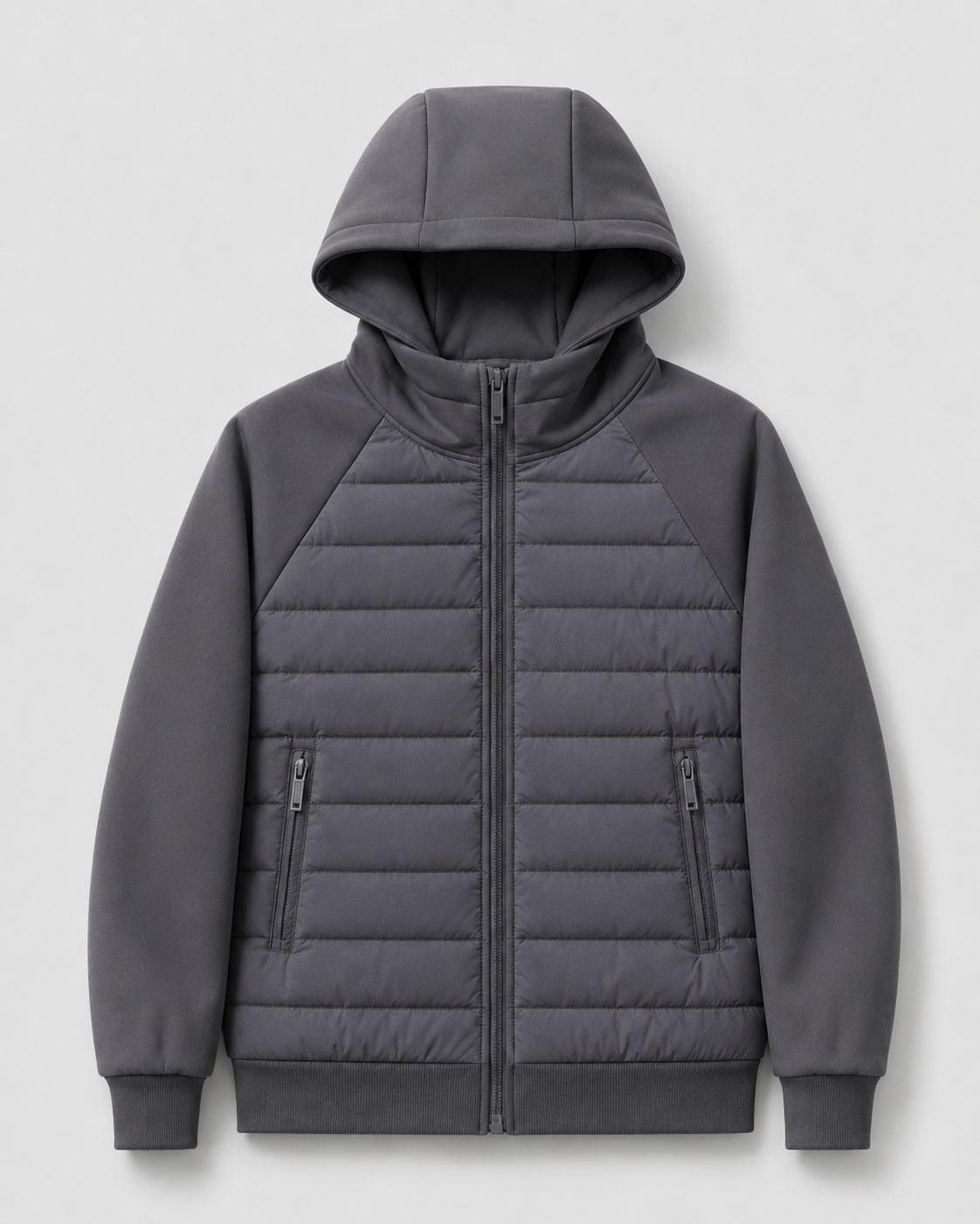 Men's quilted hooded zip jacket with long sleeves and front zip pockets
