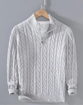 Men's cable knit half-zip mock neck sweater with long sleeves and ribbed trims