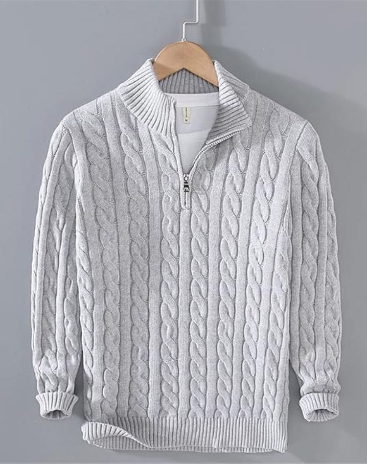 Men's cable knit half-zip mock neck sweater with long sleeves and ribbed trims