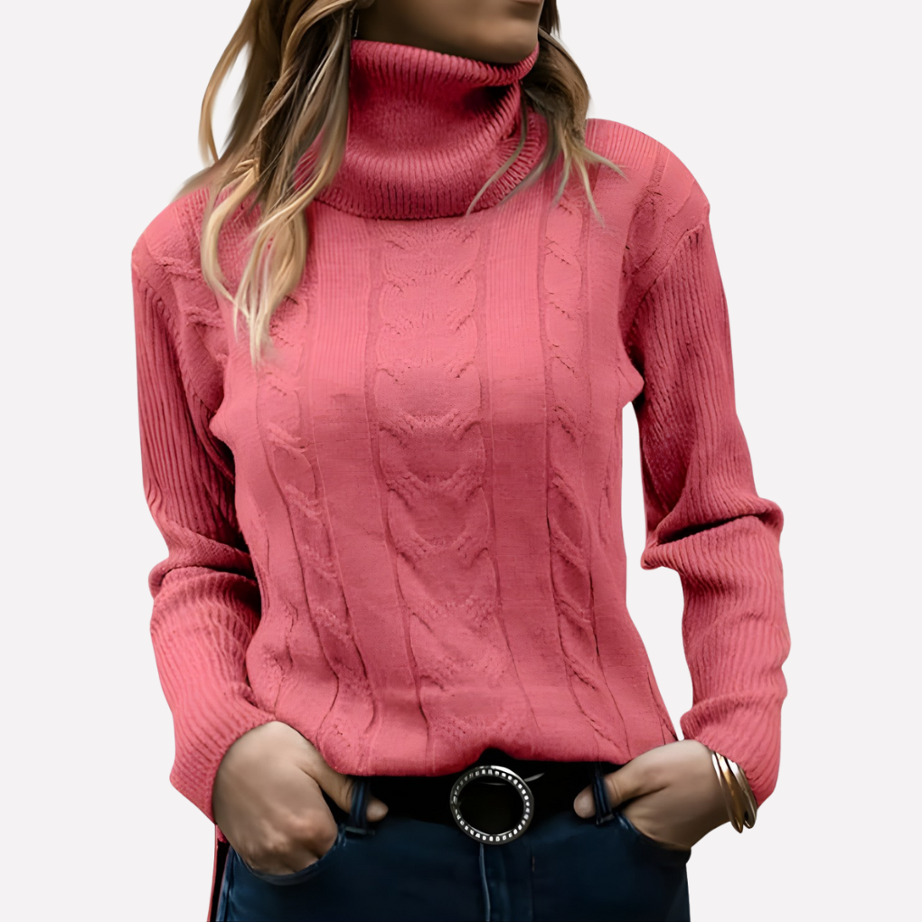 Women's slim fit cable knit turtleneck jumper with long sleeves
