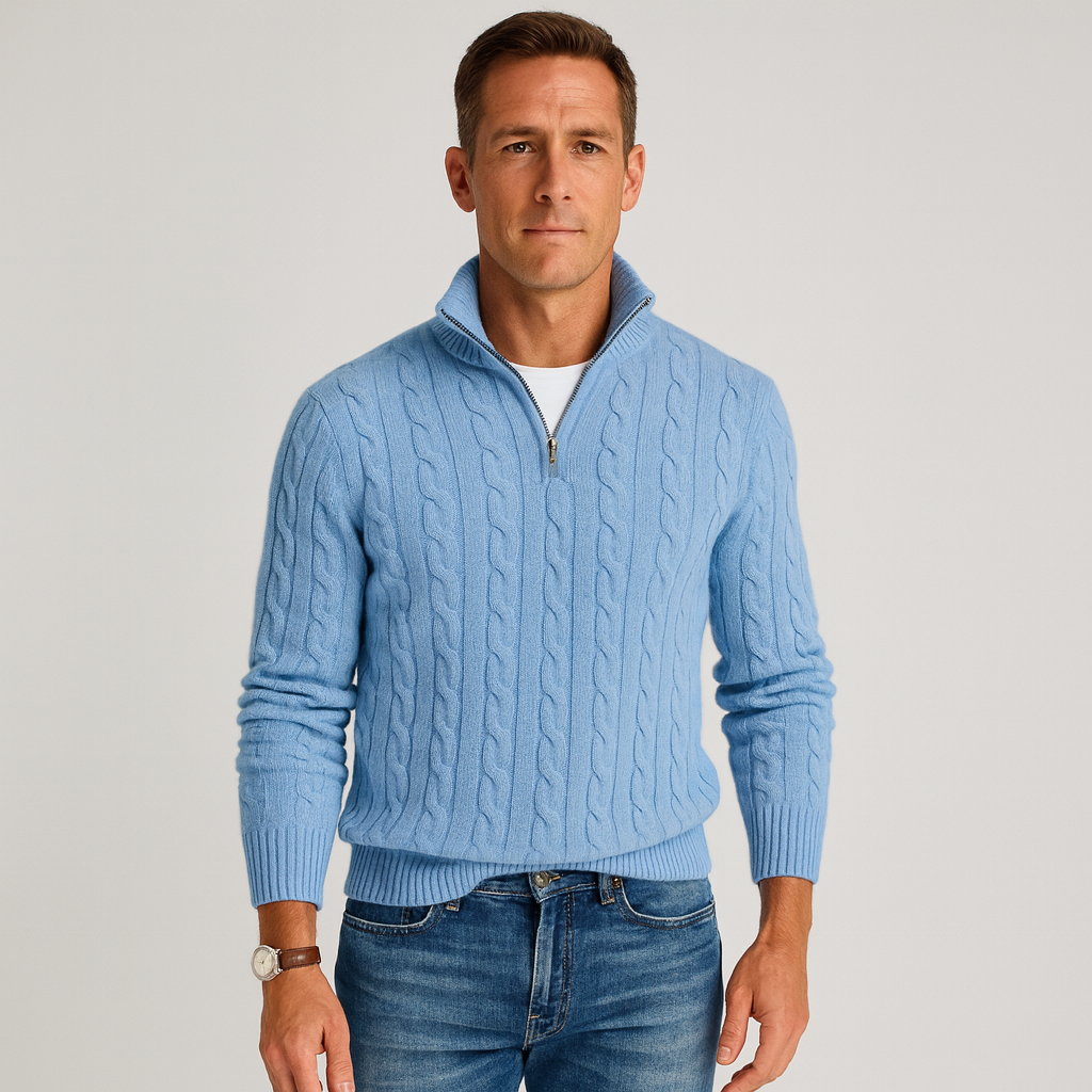Men's cable knit half-zip mock neck sweater with long sleeves and ribbed trims