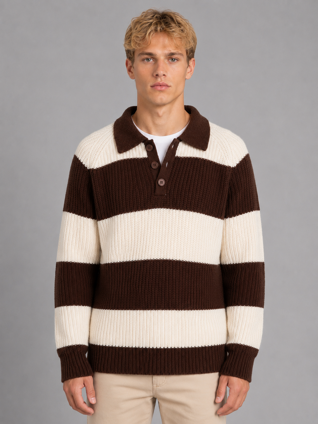 Men's brown and cream striped polo sweater with long sleeves and ribbed knit texture