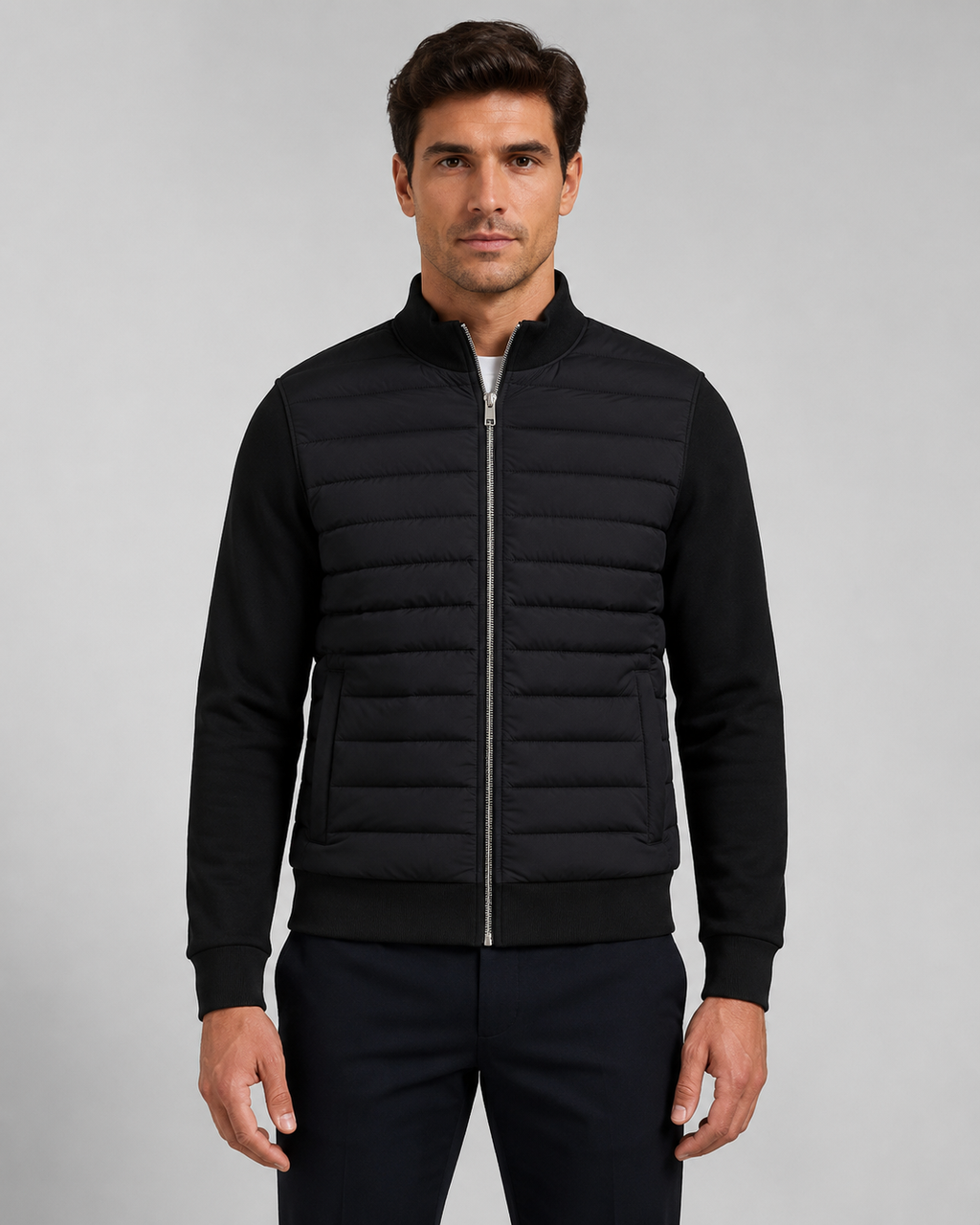 Men's quilted hybrid jacket with stand collar and full front zipper