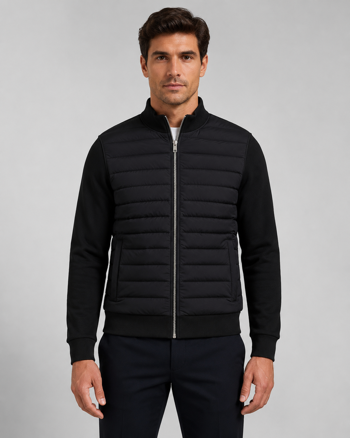Men's quilted hybrid jacket with stand collar and full front zipper