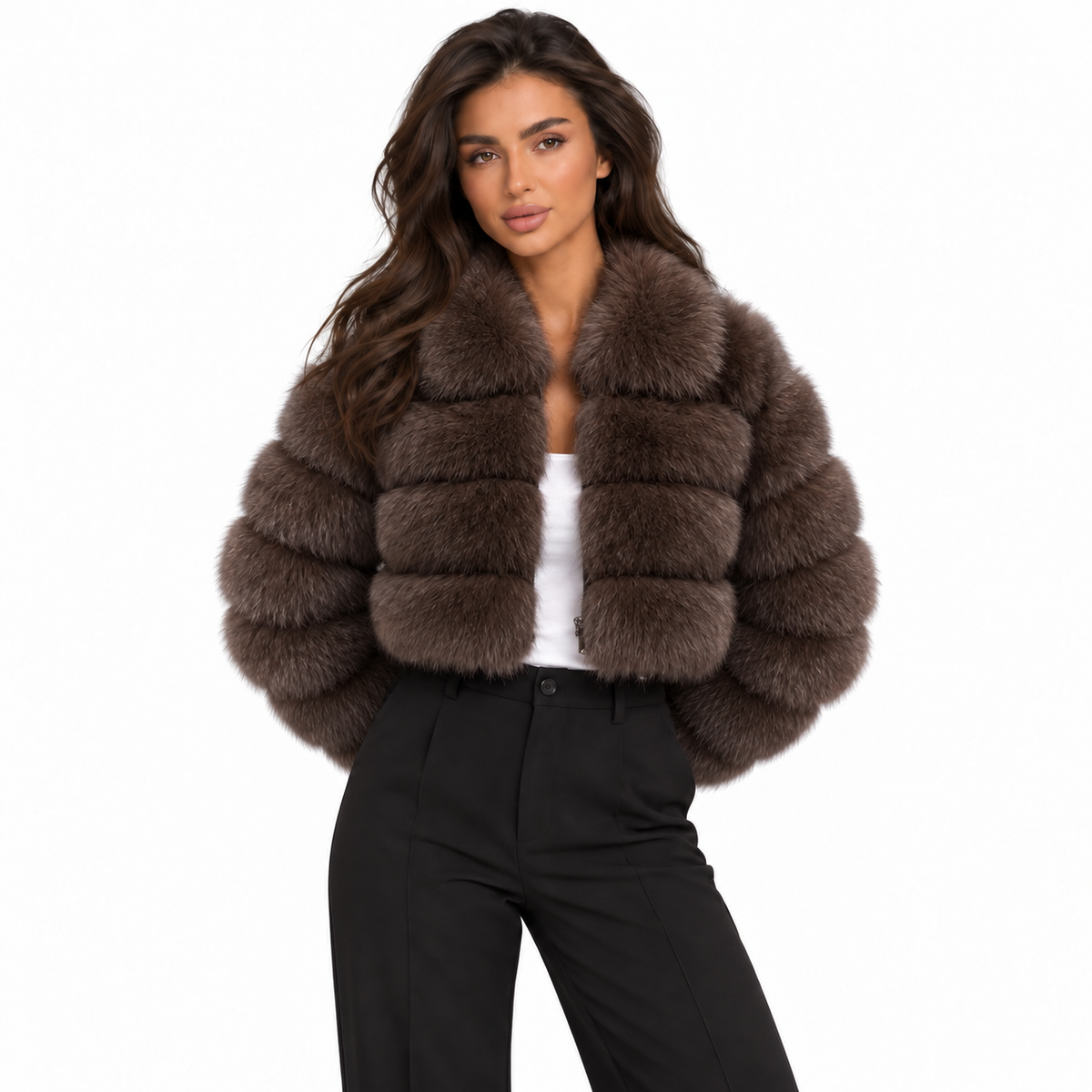 Women's Cropped Tiered Faux Fur Jacket