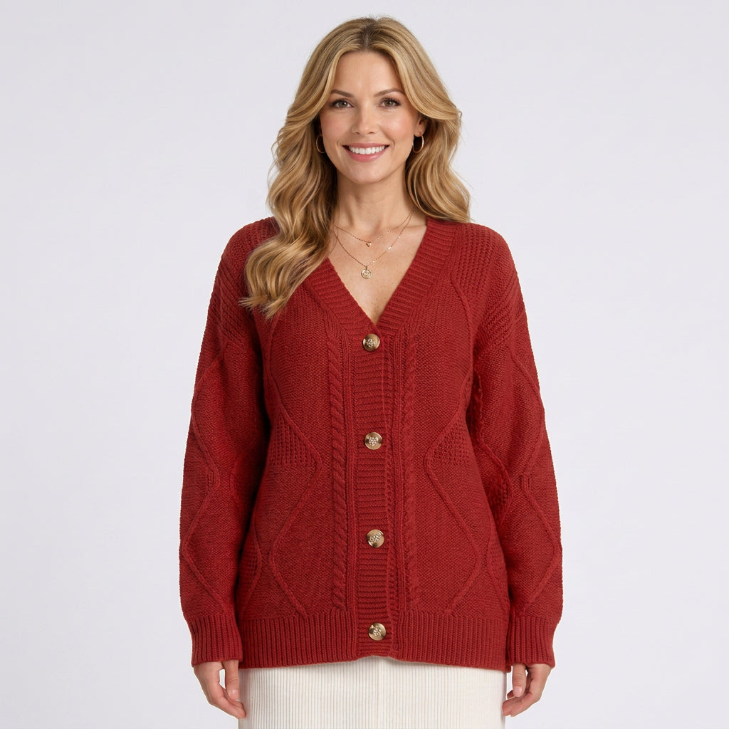 Cable Knit Cardigan – V-Neck Button Front Style