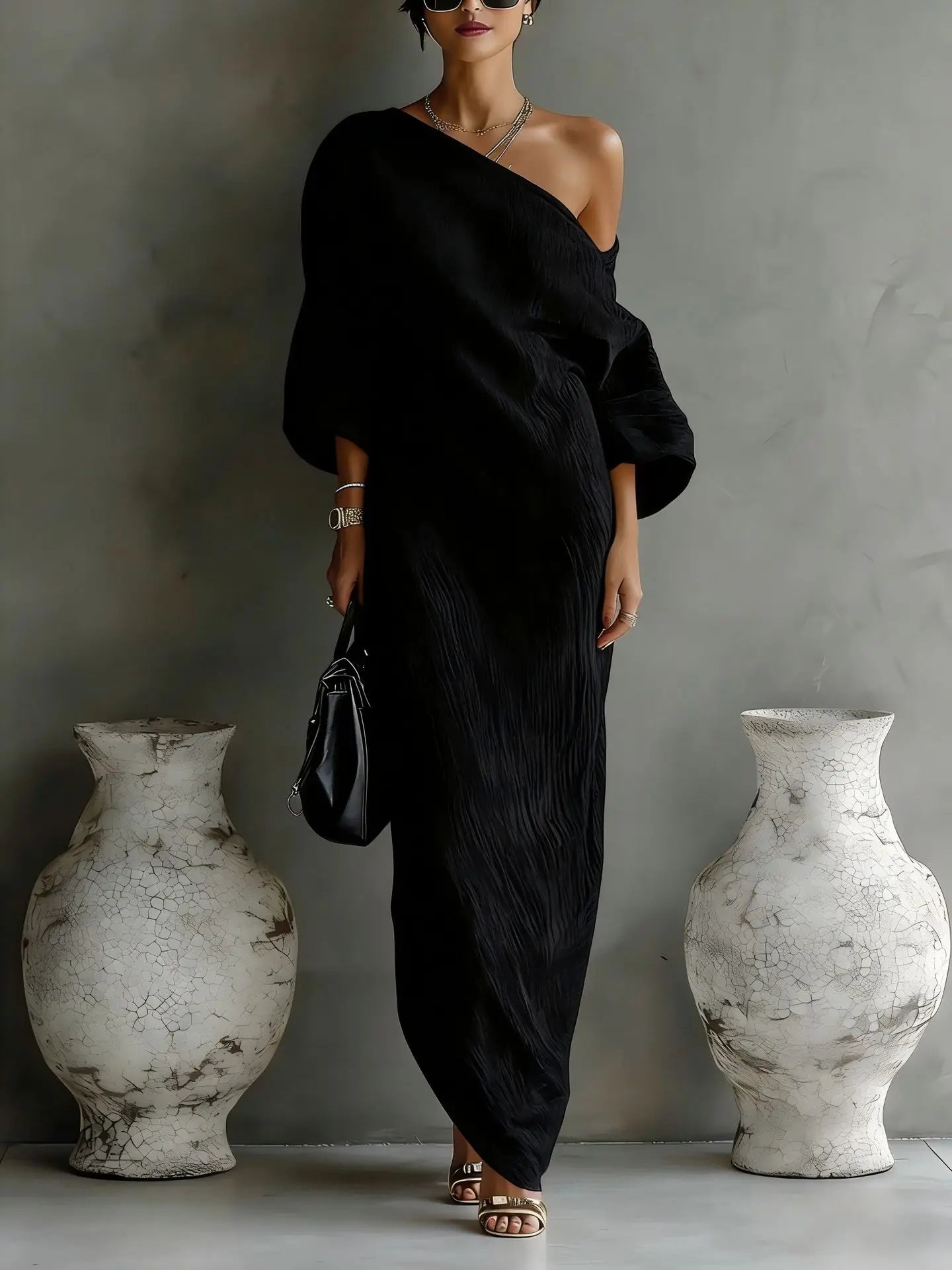 Asymmetric One-Shoulder Linen Blend Maxi Dress