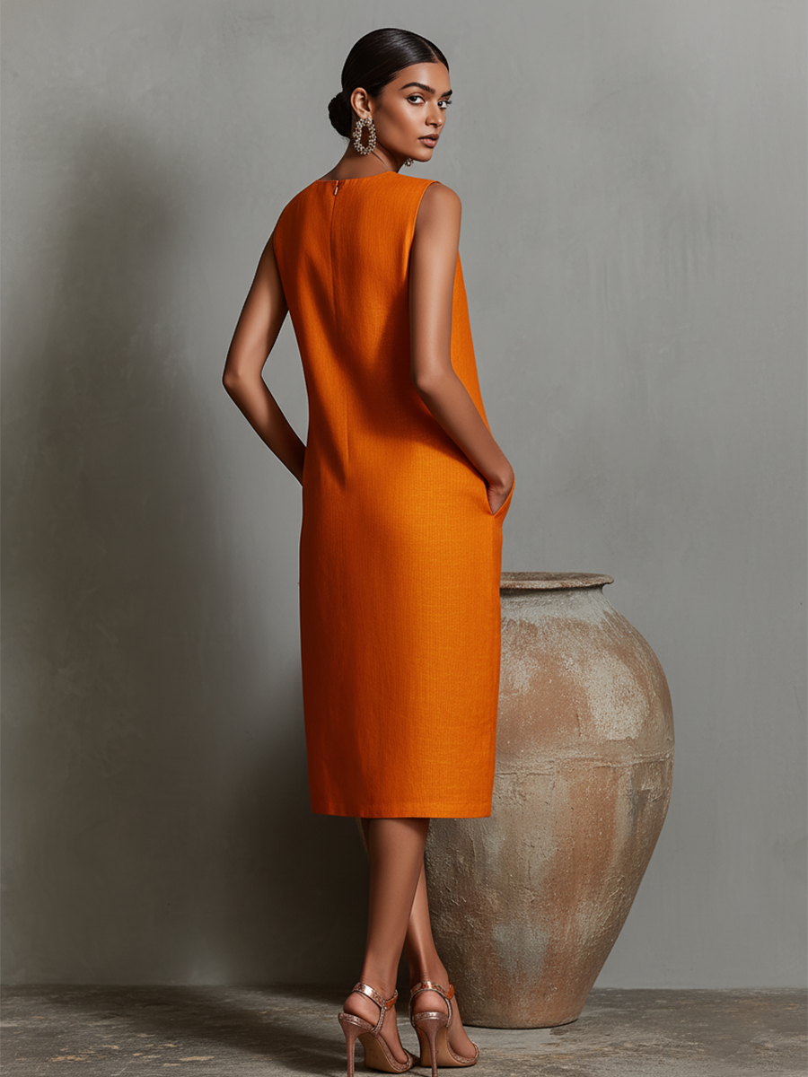 Linen Blend Sleeveless Shift Midi Dress