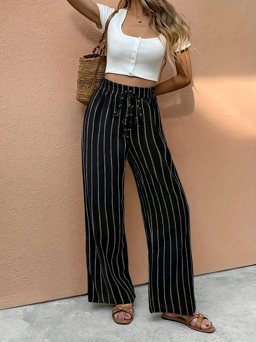 Pantalon large rayé avec taille à cordon