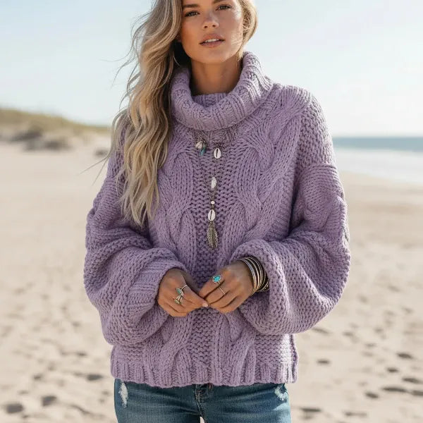 Women's Chunky Cable Knit Oversized Turtleneck Jumper