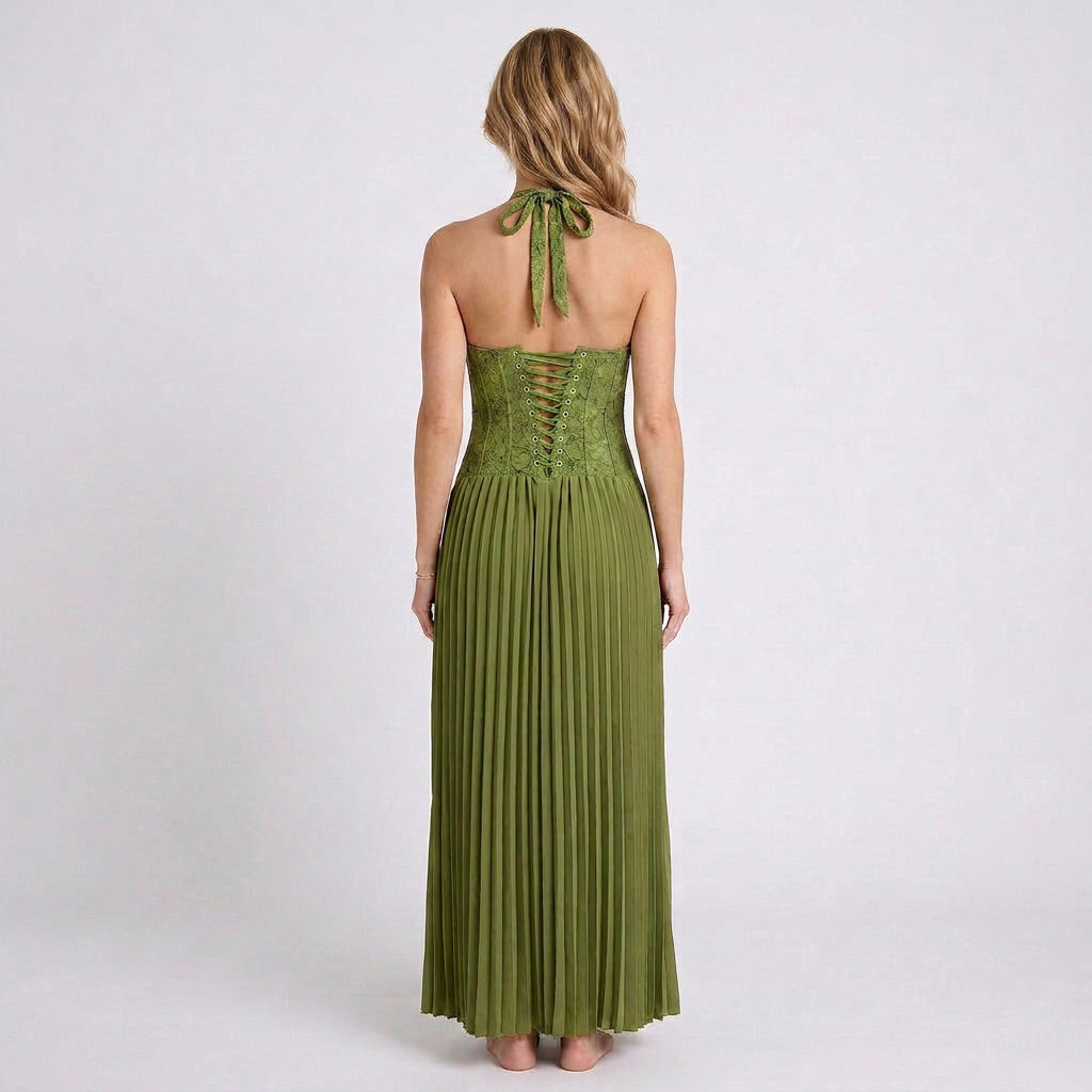 Olive Green Halter Maxi Dress Women’s Pleated Occasion Dress