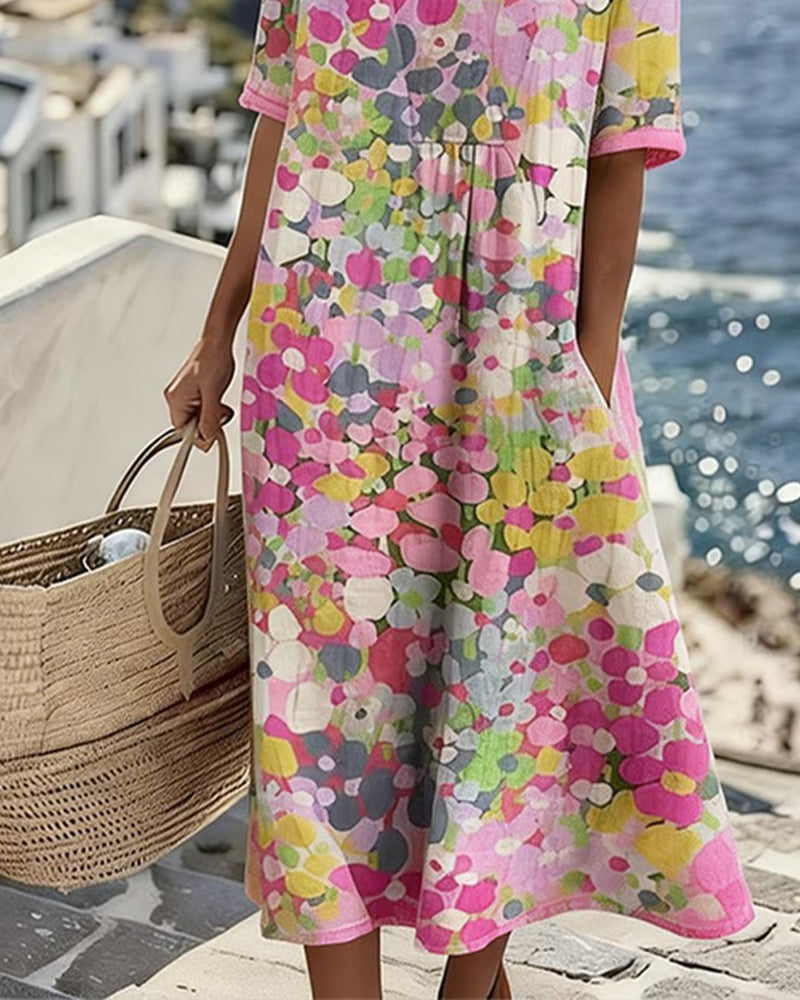 Abstract Floral Print Short Sleeve Midi Dress