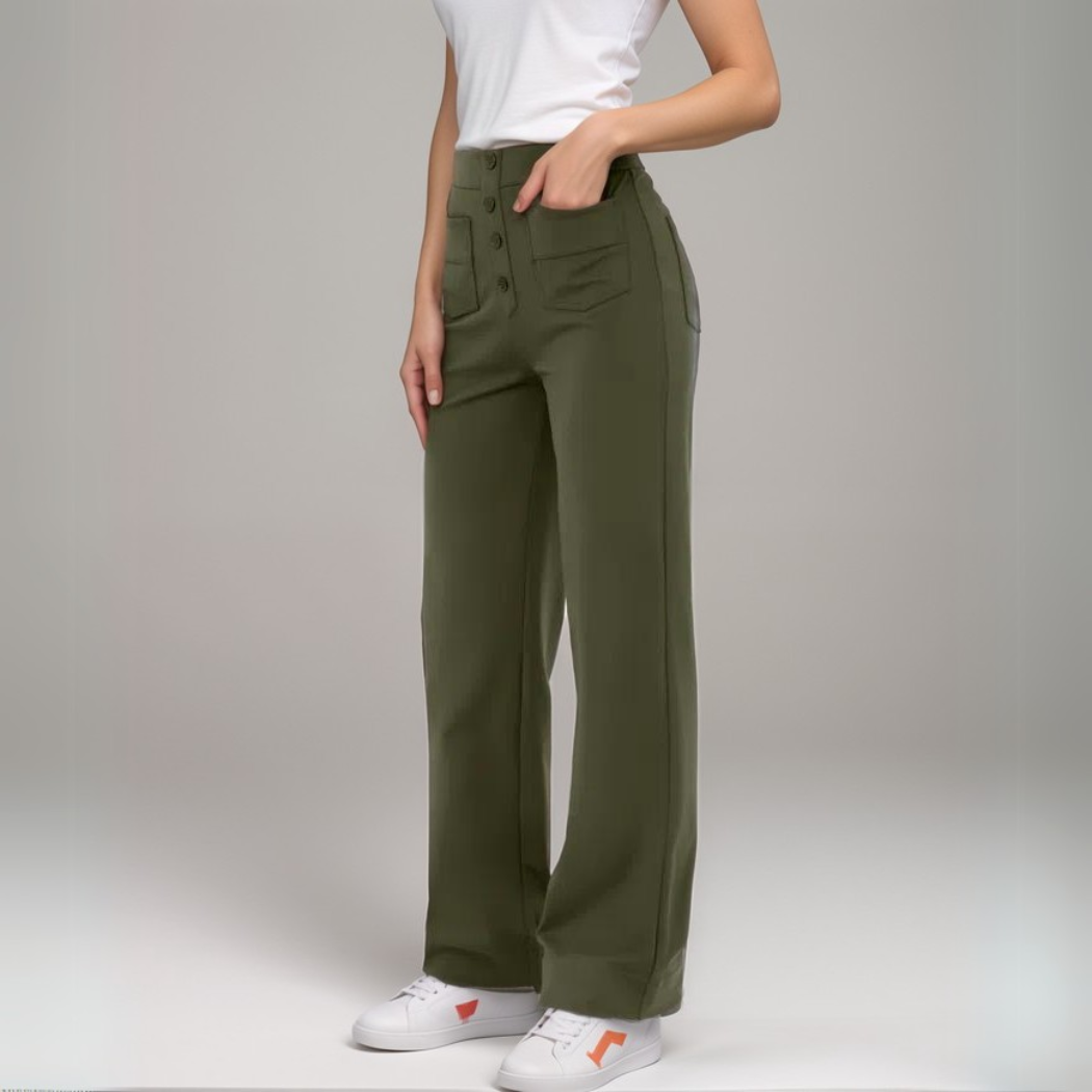 High-Waisted Wide Leg Trousers with Button Front