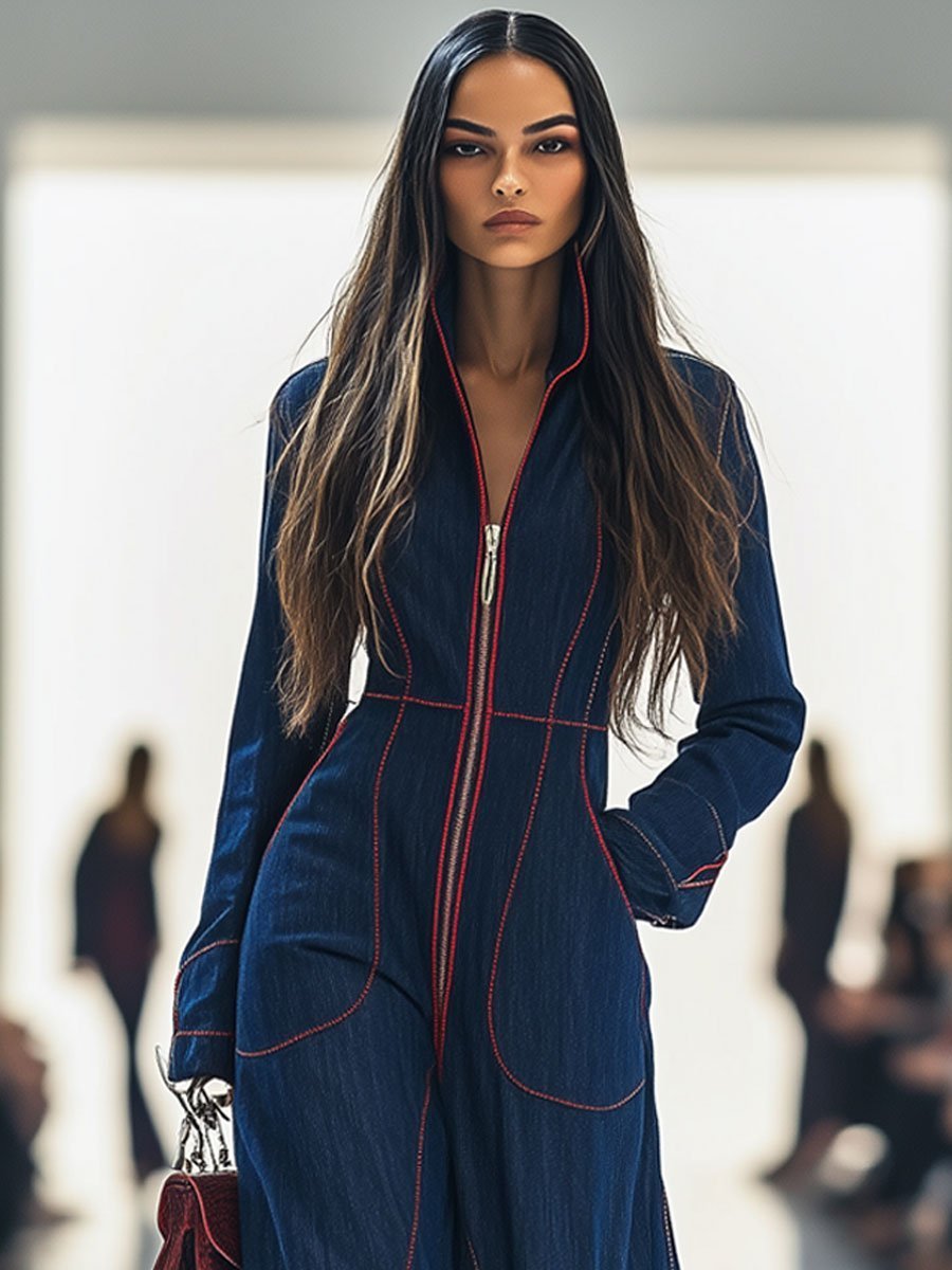 Denim Wide Leg Jumpsuit with Contrast Stitch Front Zip