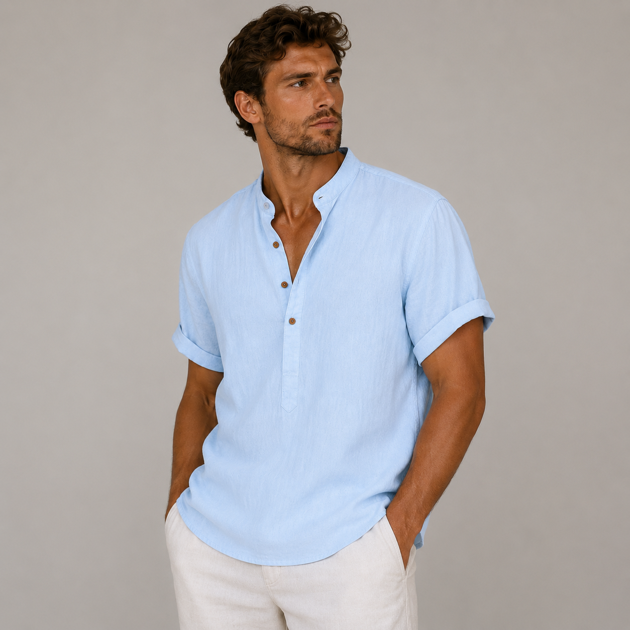 Chemise Henley en lin à manches courtes avec col officier