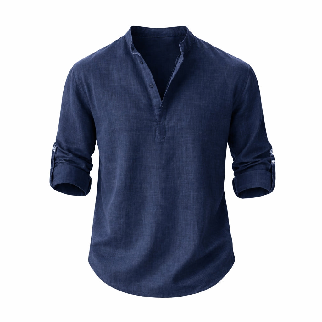 Chemise Henley en lin à manches longues avec col officier