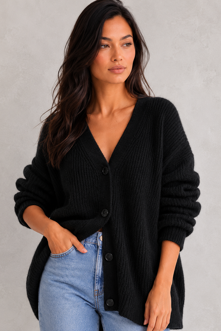 Women's oversized ribbed V-neck button cardigan with long sleeves