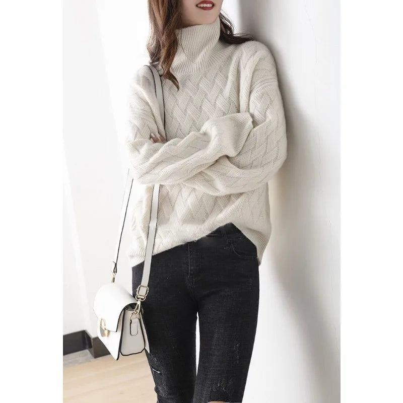 Women's Oversized Turtleneck Cable Knit Sweater