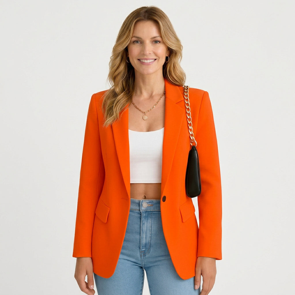 Women’s Single Button Tailored Blazer – Notched Lapel Longline Style