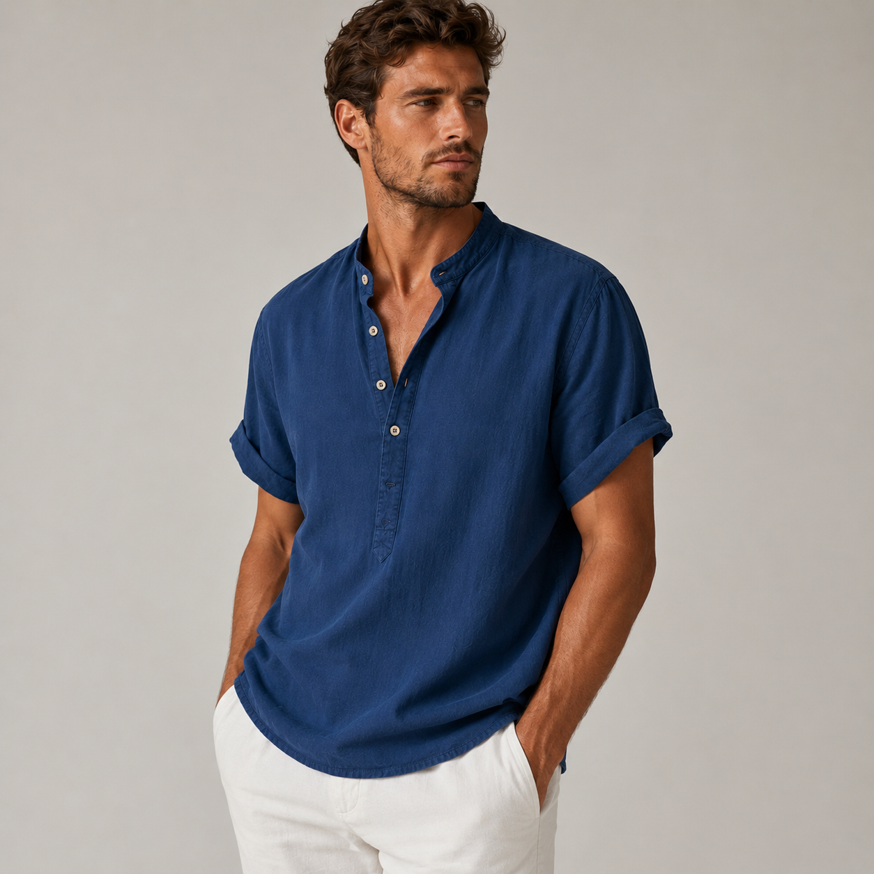 Chemise Henley en lin à manches courtes avec col officier