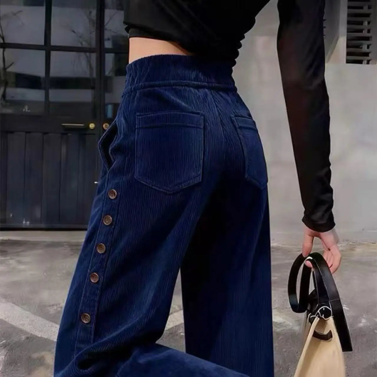 Women's Corduroy Side Button High Waisted Wide Leg Trousers